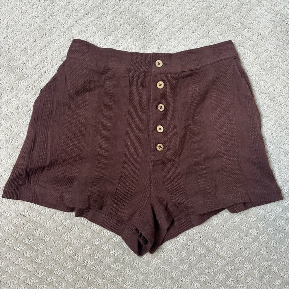 Sz S Free People burgundy linen blend shorts wood buttons elastic waist back